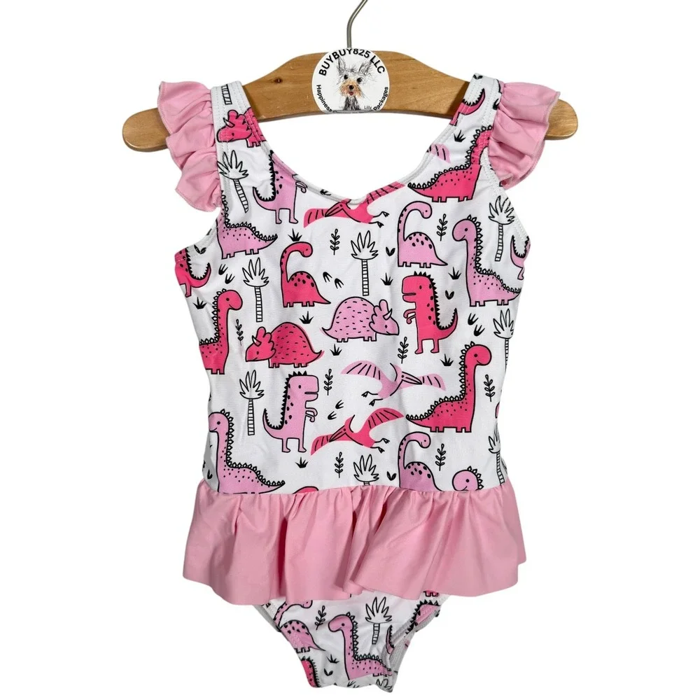 Unbranded Girls Pink Dinosaur Skirted One Piece Swimsuit 3T NWOT Ruffle